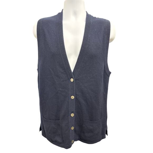 Vintage Lands End Fine 100% 2 Ply Cashmere Sweater Vest Medium Navy button - Picture 1 of 4